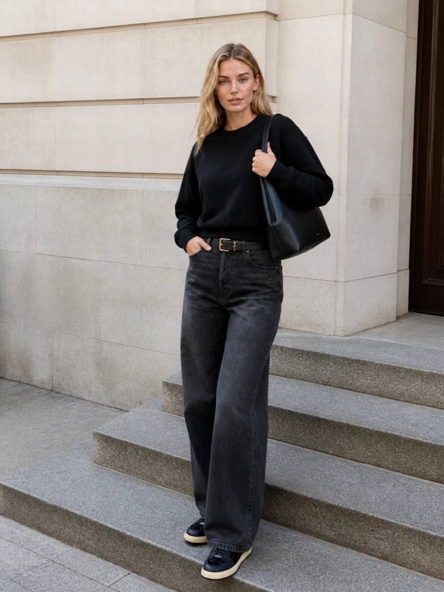 Gucci black sweatshirt wide leg jeans outfit