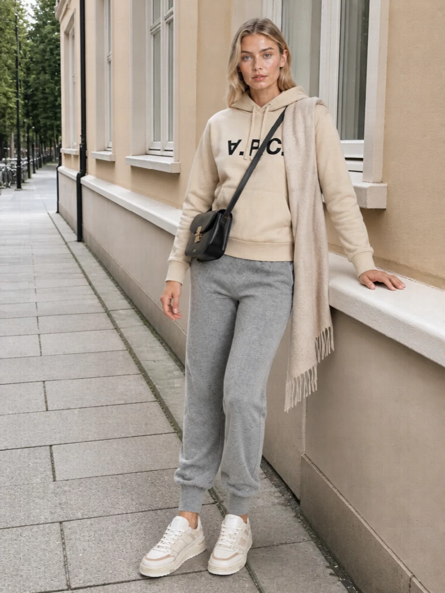 Apc beige hoodie prada joggers sneakers