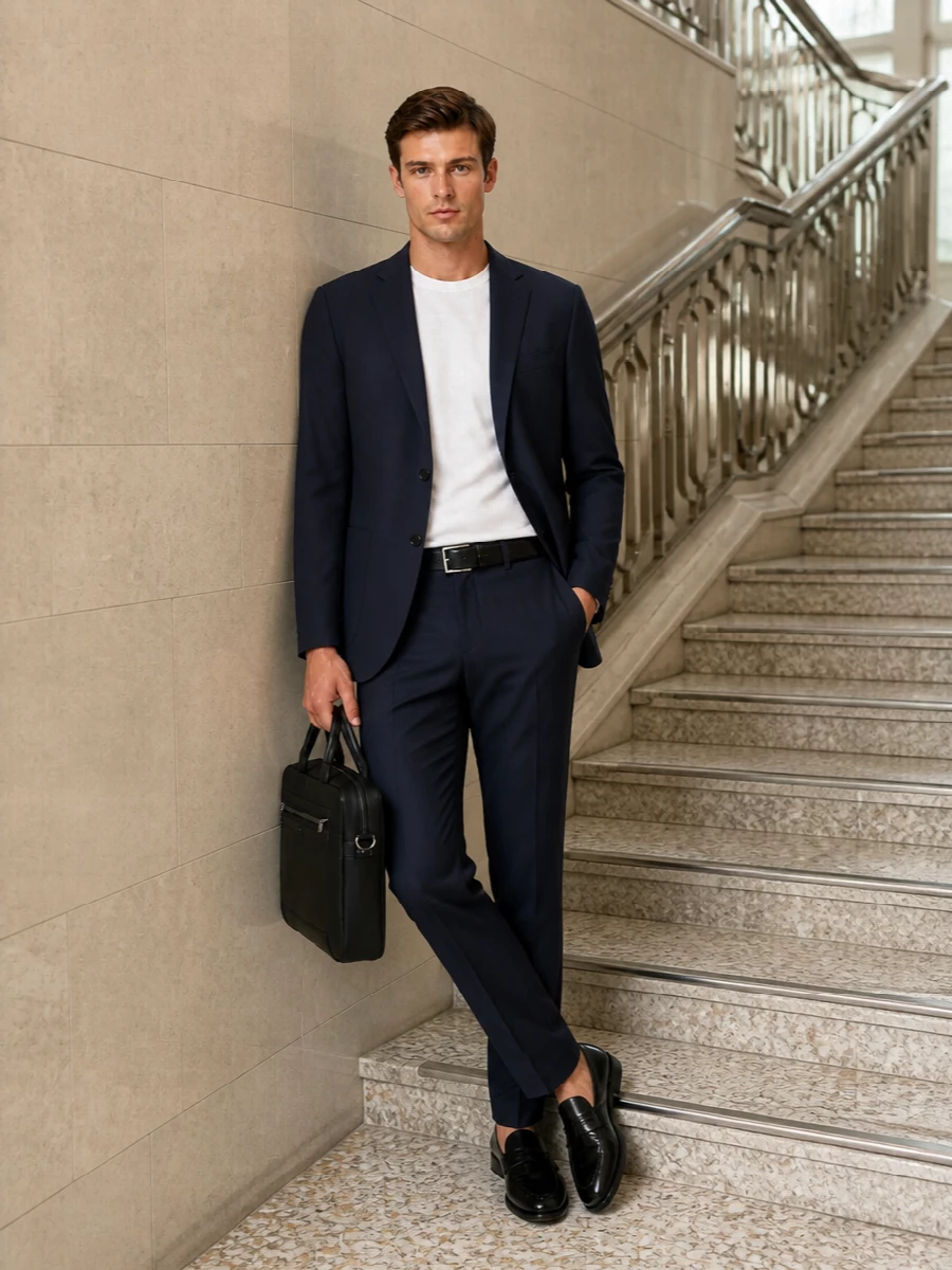 Boss navy blazer tailored trousers loafers