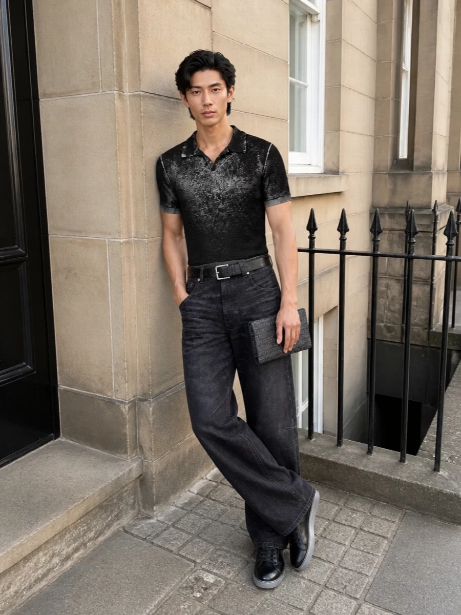 Diesel black knit polo wide leg jeans sneakers