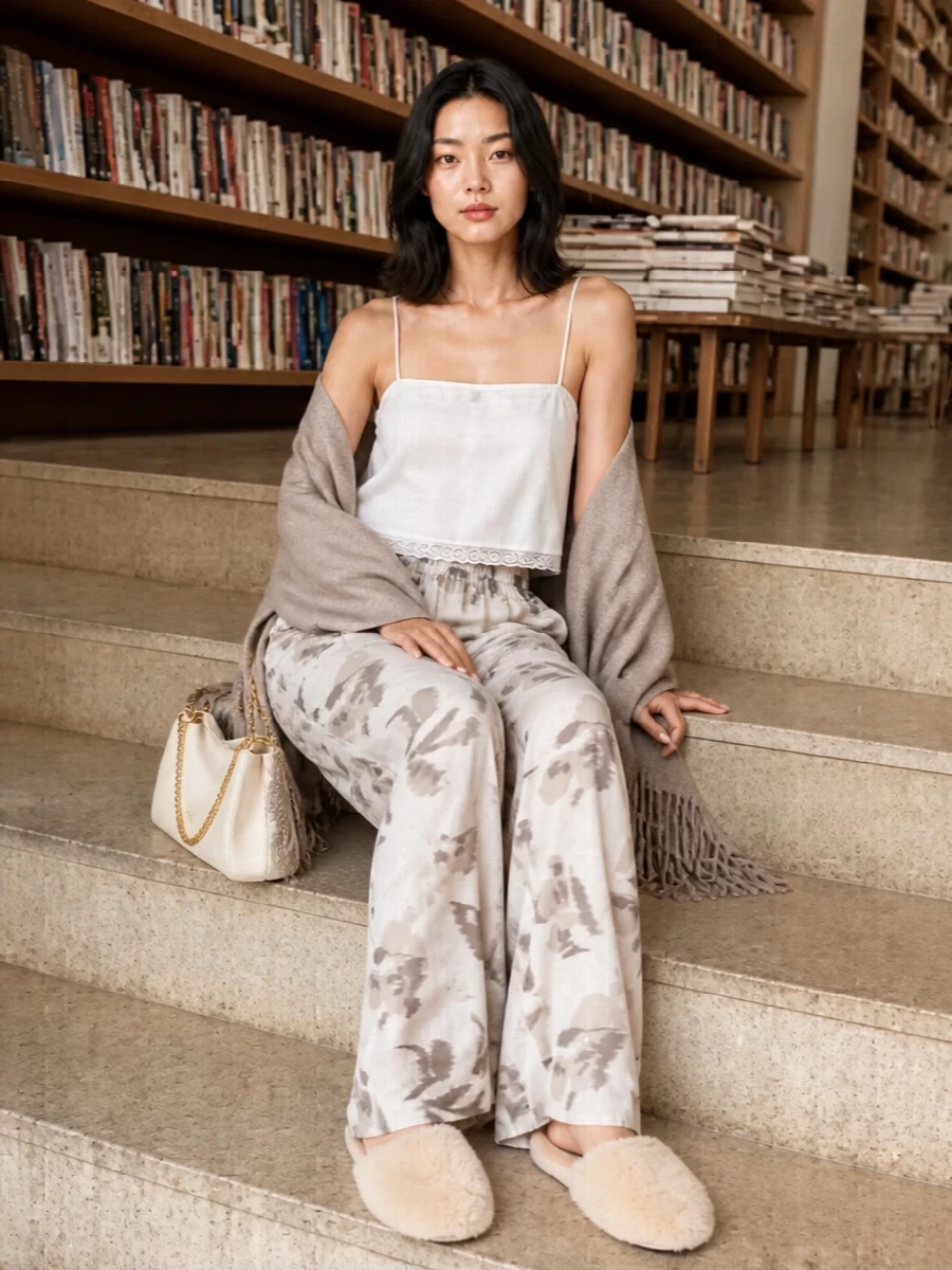 Prada camisole armani floral pyjama pants outfit