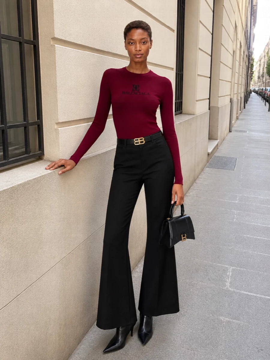 Balenciaga burgundy knit black flared trousers