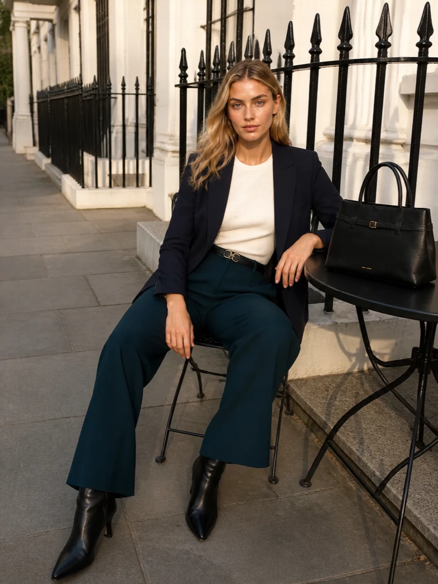 Forte forte navy blazer wide leg trousers outfit