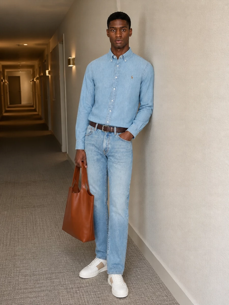 Light-wash Polo denim with a soft chambray shirt creates an easy, all-American take on double denim that feels relaxed but considered. Off-white leather sneakers and a dark brown belt keep the lines clean, while the tan A.P.C. tote adds just enough warmth and structure to take this from coffee runs to casual Fridays.