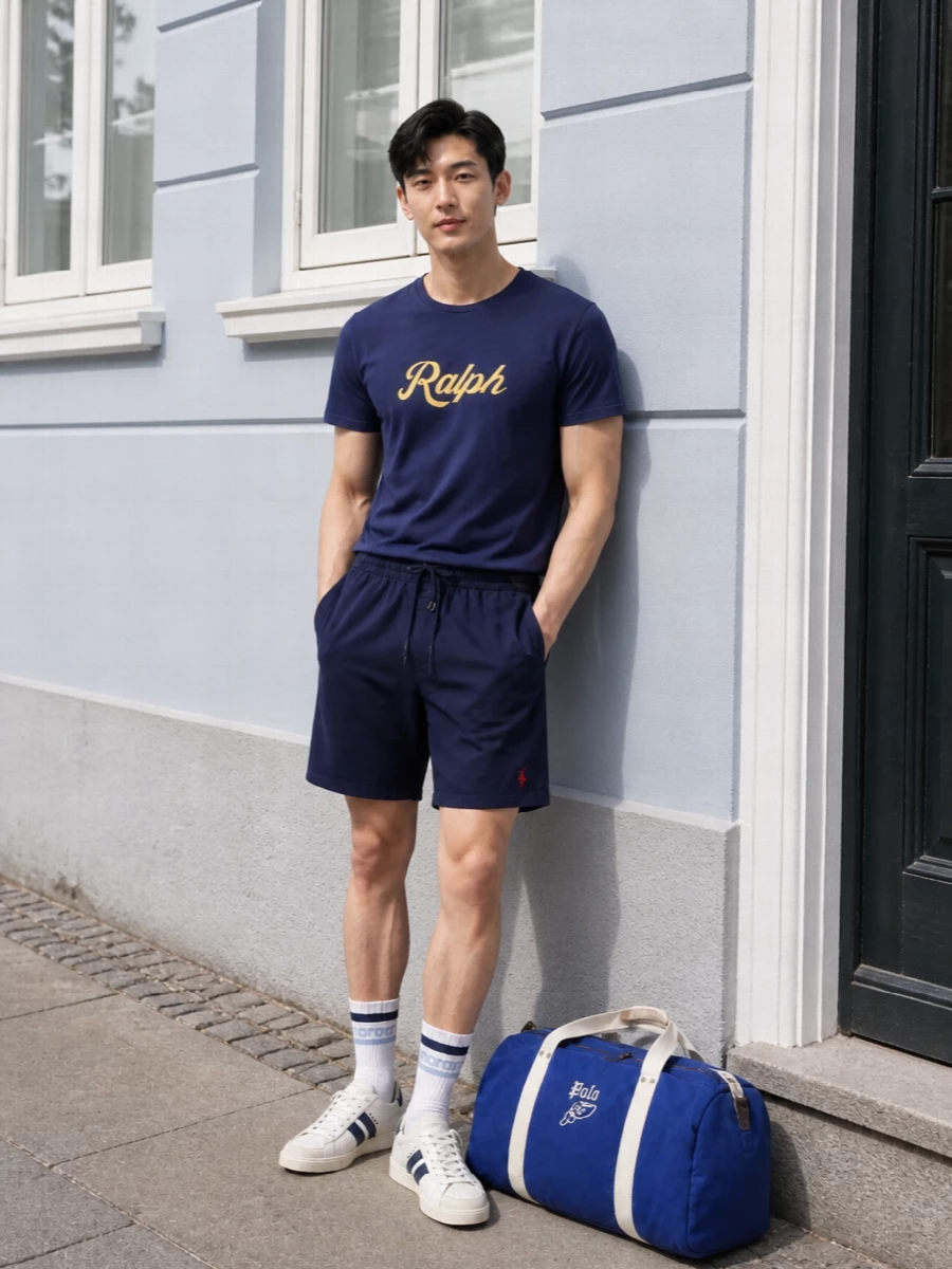 A navy-and-cream story that feels pure campus off-duty, anchored by the script tee and clean deck shorts. The Bally courts and striped crew socks keep it sporty but refined, while the Polo duffle adds just enough colour and function to take you from gym to weekend coffee runs. It is relaxed, athletic prep with a subtle luxury edge rather than full-on logo noise.