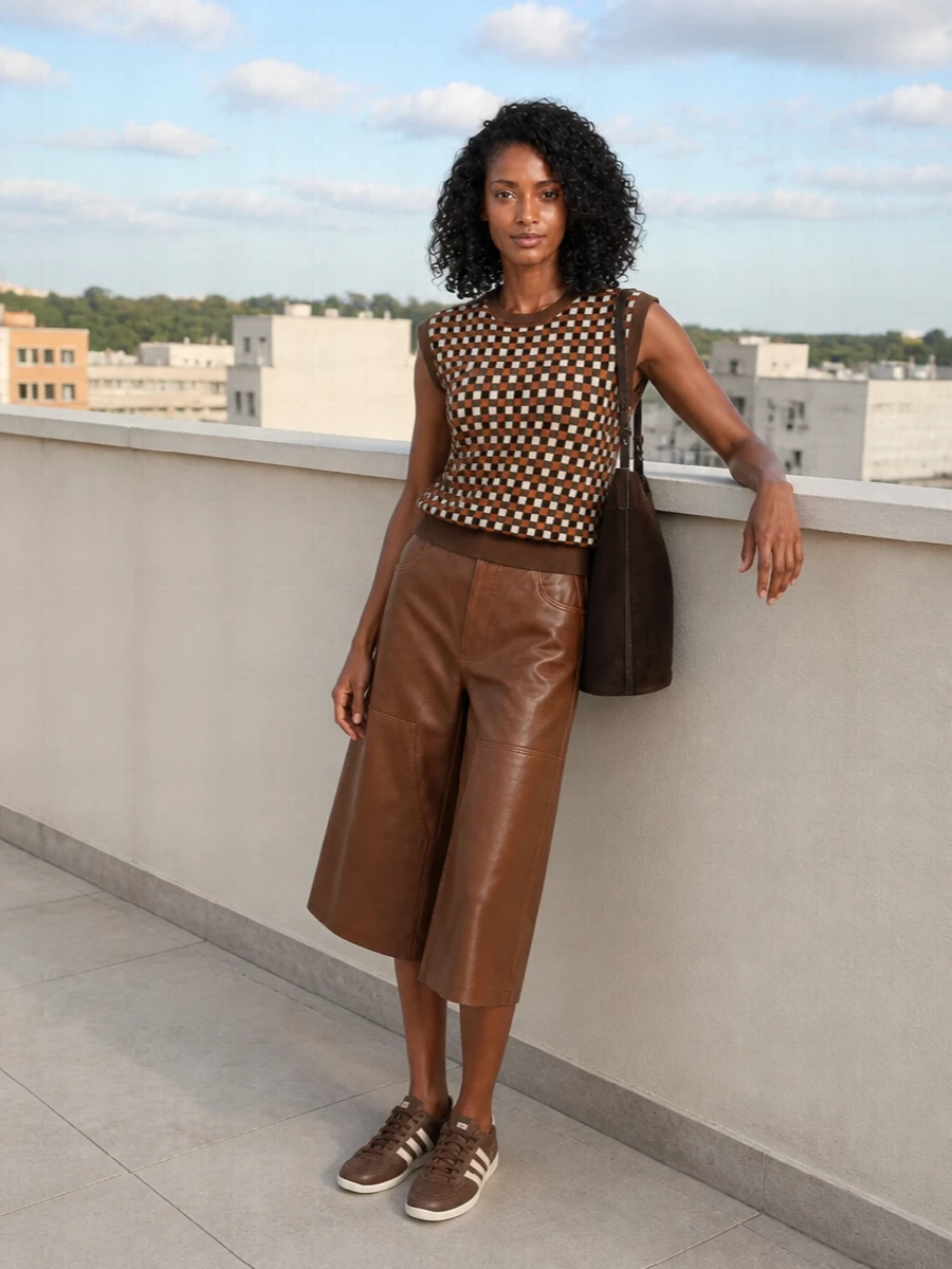 A warm, retro-sport knit meets sculptural faux leather culottes for a street-driven take on preppy layering in rich shades of chocolate and cognac. Slim, chocolate-striped Adidas sneakers keep the volume up top feeling intentional, while the dark suede bucket bag adds a low-key, polished finish. The result is a city-ready combination that feels graphic, cozy and quietly subversive all at once.