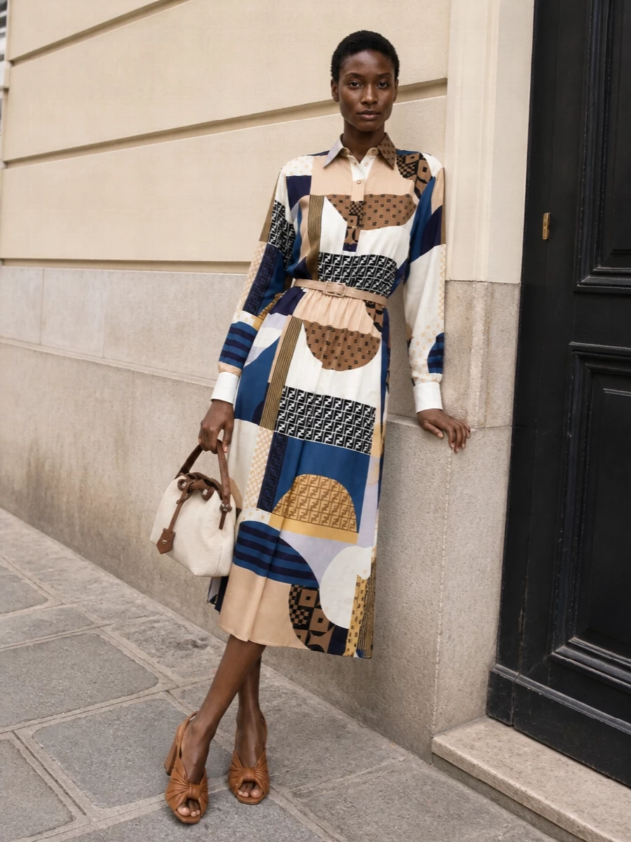 The printed Fendi shirt dress is grounded with caramel slingback heels, elongating the line and reinforcing the warm neutrals in the pattern. An ivory-and-chocolate top-handle bag and a slim sand-toned belt keep the palette cohesive and understated, letting the dress’s geometry stay center stage while still feeling impeccably polished for city lunches or early-evening engagements.