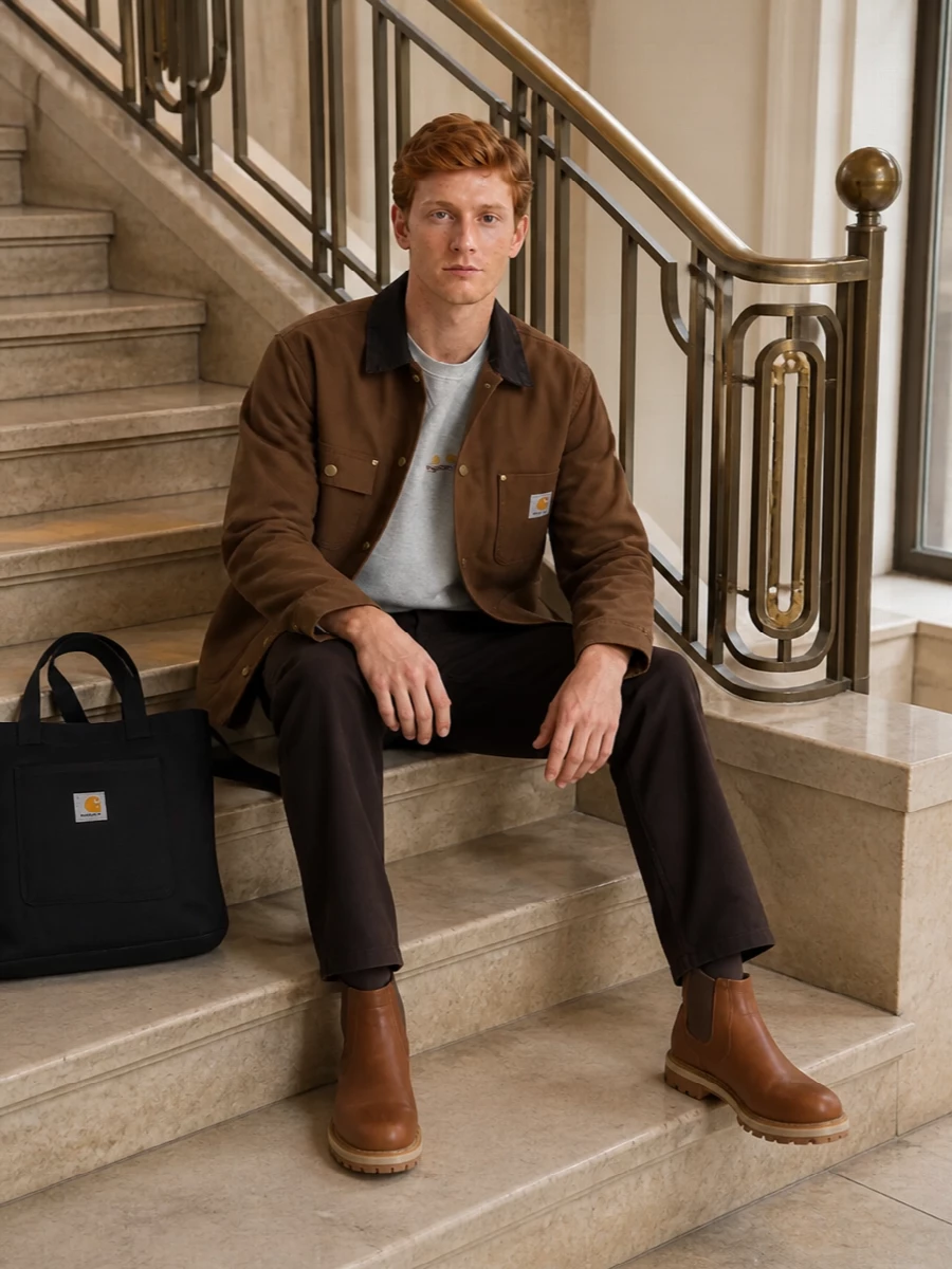 Carhartt wip chore coat brown pants boots outfit