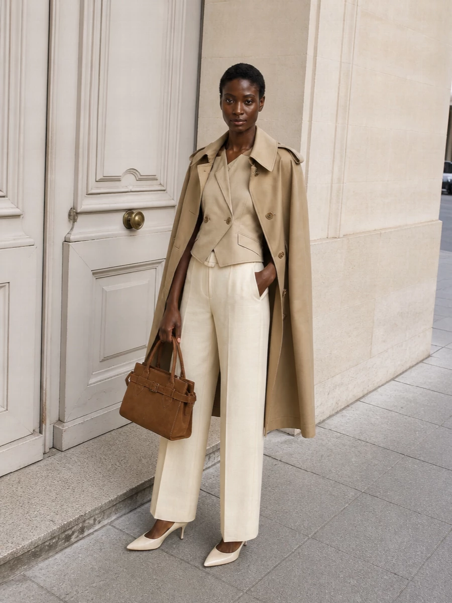 I am building around tailoring separates rather than a dress, so the Burberry cape trench can fully play its role as a sweeping outer layer over a sculpted column. The trench-inspired Max Mara halterneck and cream wide-leg trousers mirror its architectural lines without competing, while the cream slingbacks and camel Tom Ford tote keep everything in the same hushed neutral register. The result feels like a modern uniform for serious days that run into refined evenings, all about proportion and texture rather than logos or drama.