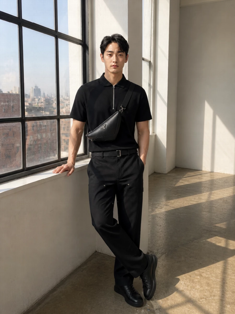 All black and hardware focused, this is Sacai’s engineered ease tightened up with Prada’s precise accessories. The straight utility trouser keeps the boxy zip polo grounded, while the slim leather sneaker and clean belt refine the streetwear energy into something you can wear from studio days to low-key dinners. The crossbody finishes it with a technical note that stays sharp but never loud.