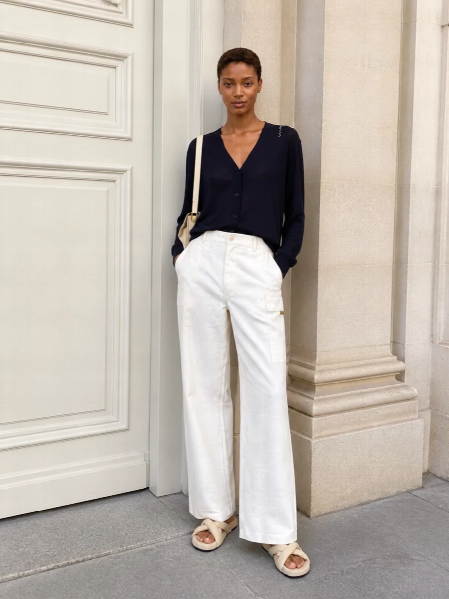Ink navy and soft ivory meet in a clean, relaxed pairing that feels quietly confident rather than formal. The fluid cardigan and crisp wide-leg trouser create long, easy lines, while pale neutrals at the shoulder bag and sandals keep everything light for warm days. It is an understated city uniform that moves seamlessly from desk to late afternoon plans without needing a change of pace.