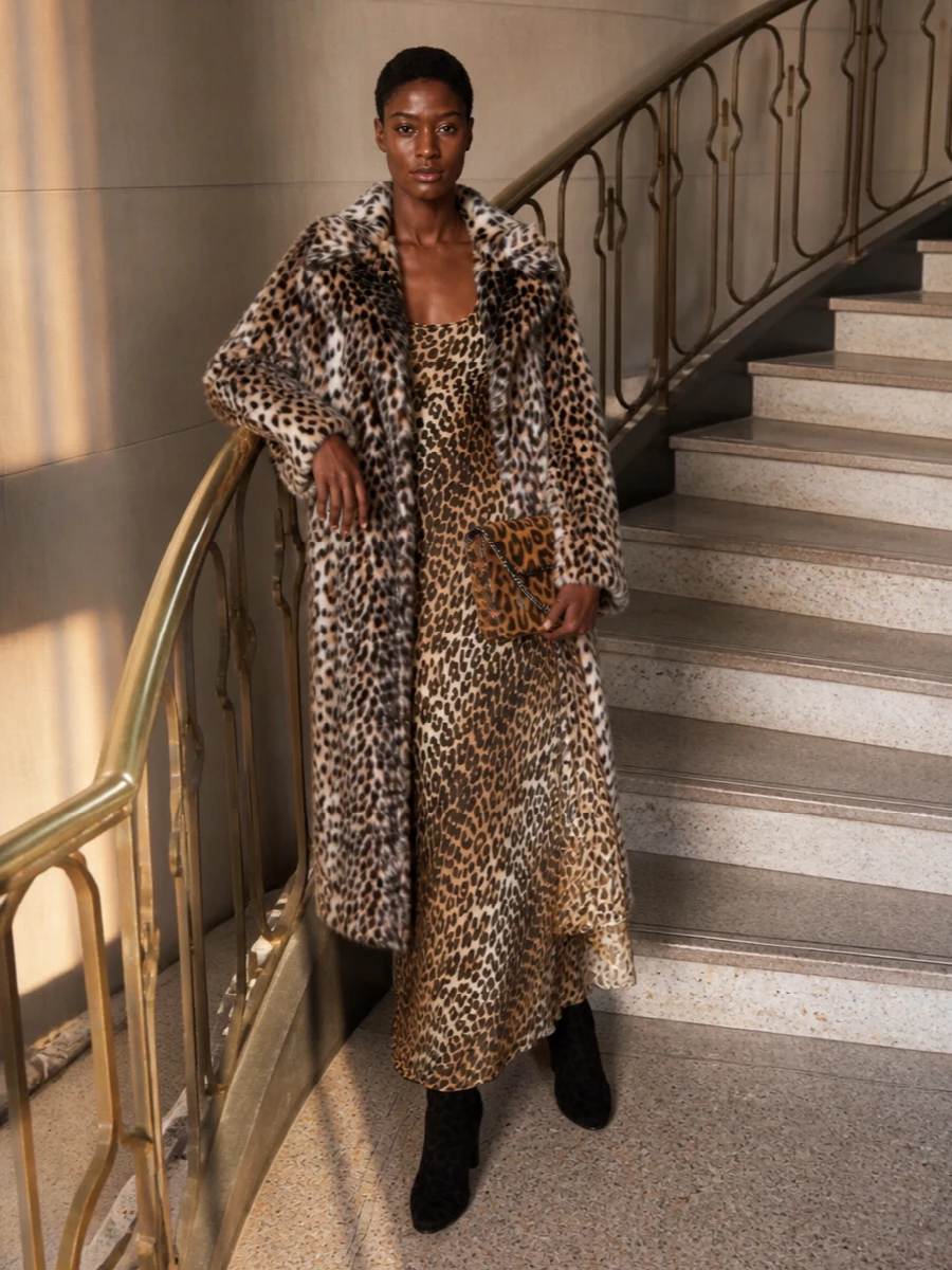 Ganni leopard maxi faux fur coat ankle boots