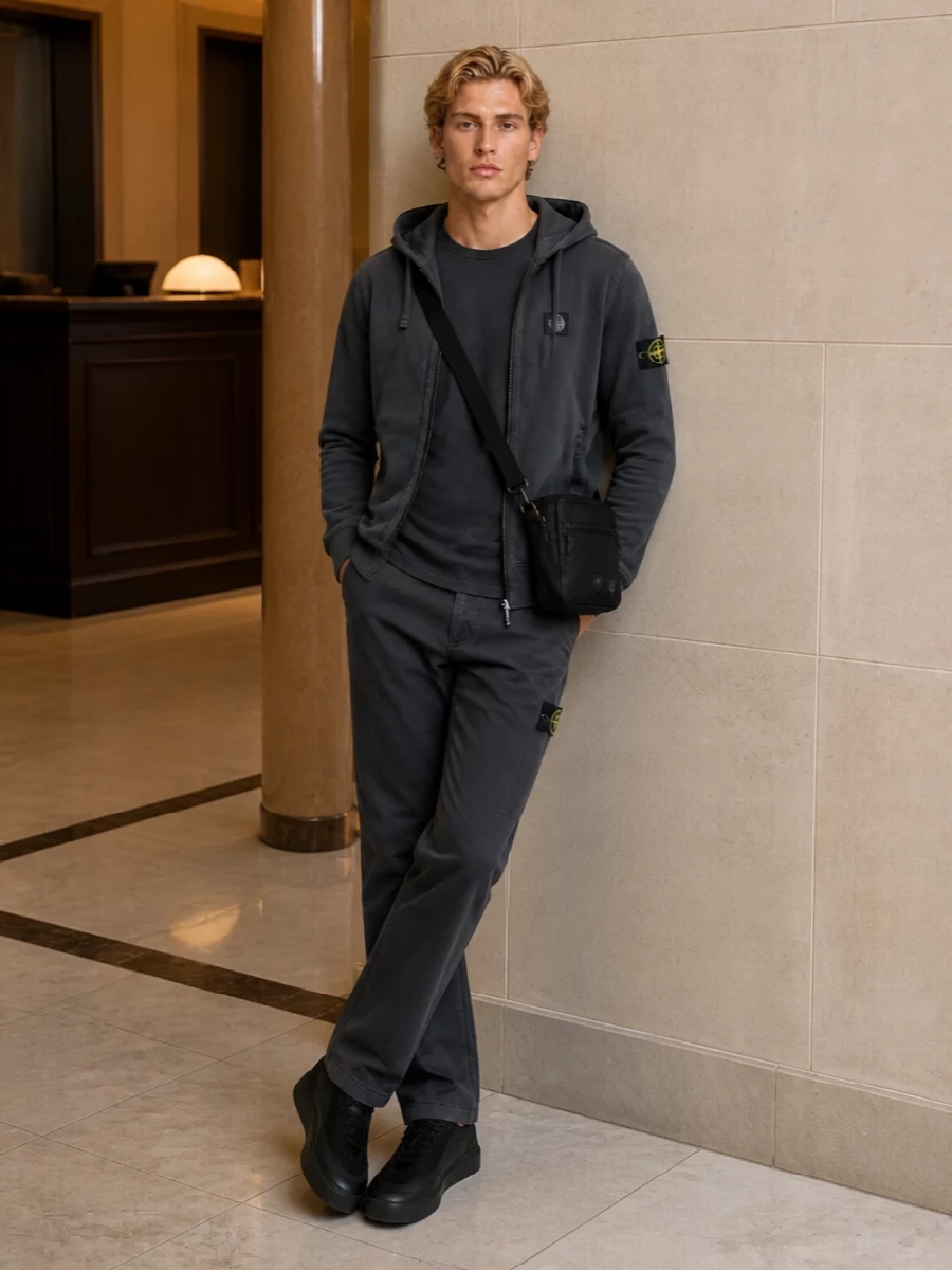 Stone island charcoal jacket chinos outfit