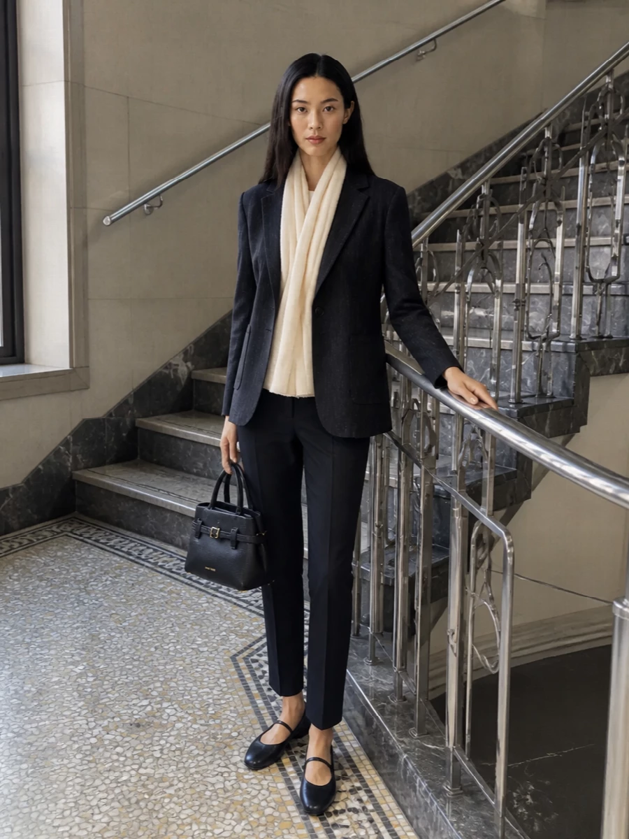 Max mara navy blazer tailored trousers outfit