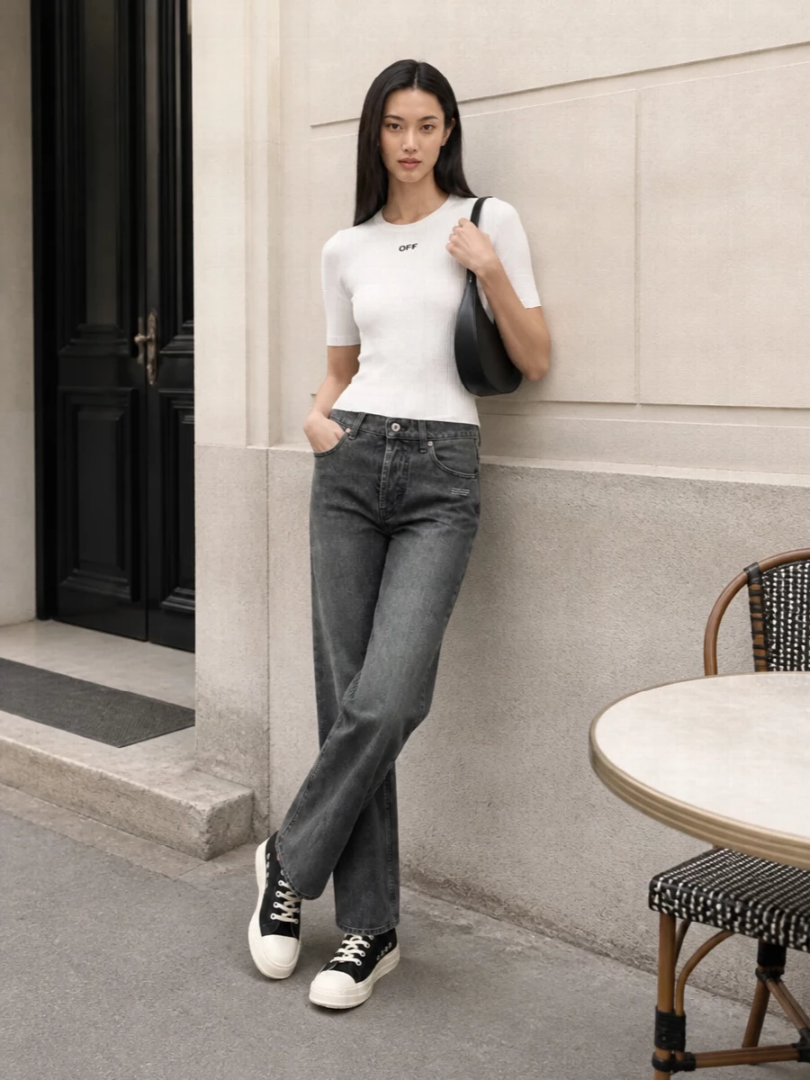 Off white ribbed tee jeans streetwear outfit