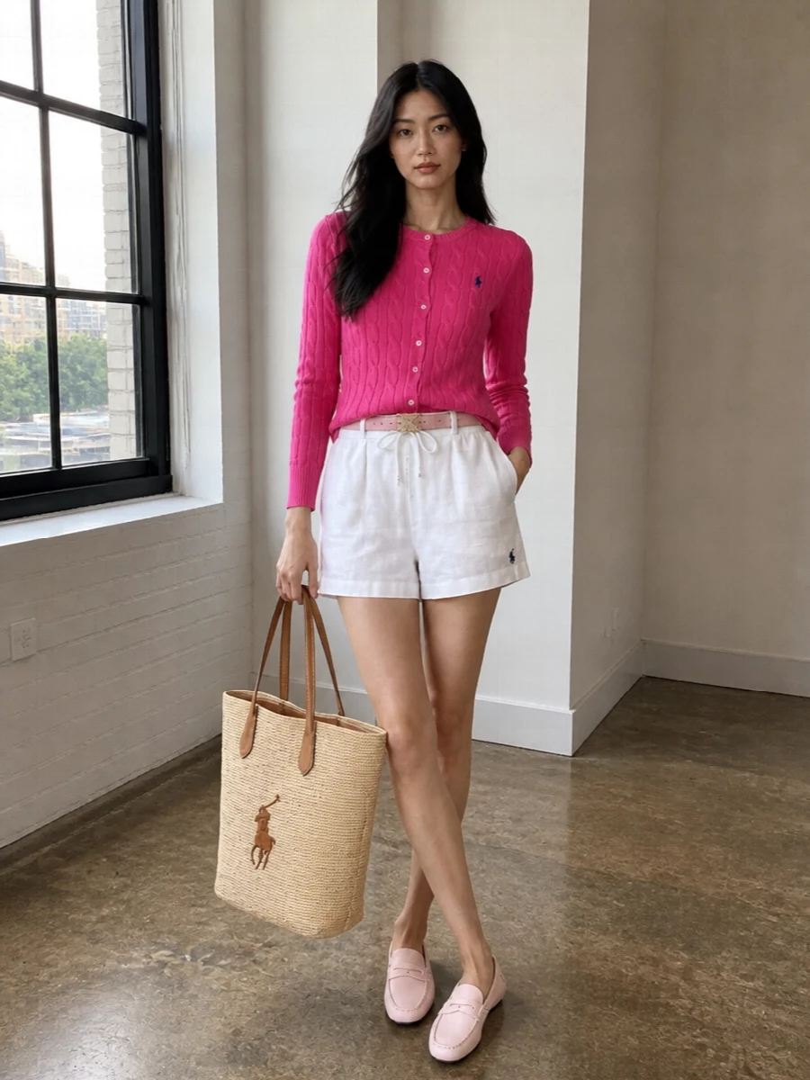Bright, cable-knit pink meets crisp white linen for a sorbet-fresh take on East Coast preppy. Blush leather accents and natural straw keep the palette soft and summery, so the colour reads playful rather than loud. The mix feels relaxed enough for a seaside afternoon yet considered for in-town brunch or casual Fridays.