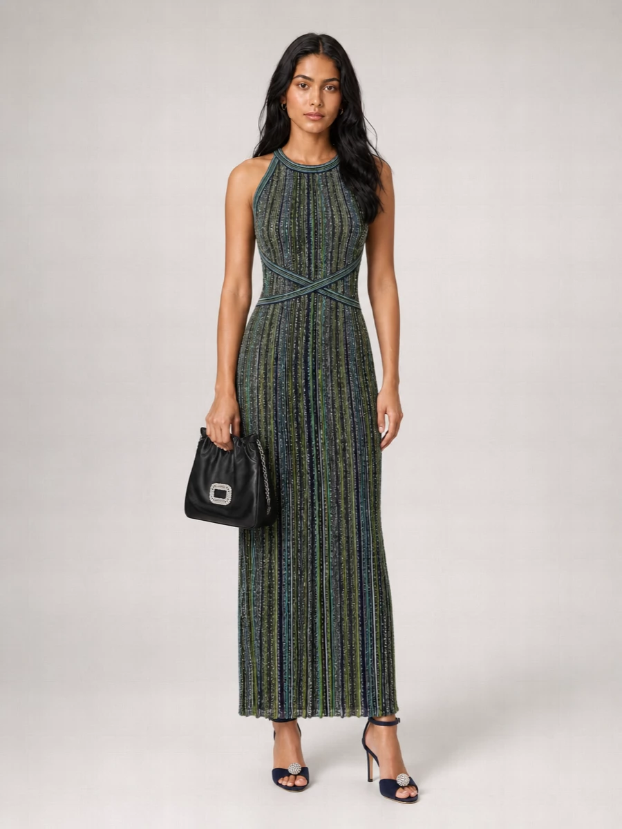 Missoni Sleeveless High-Neck Striped Embellished Maxi Dress