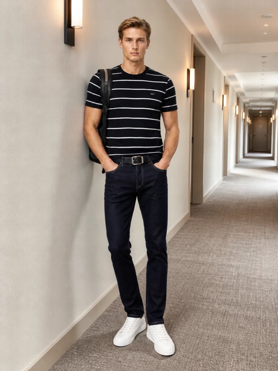 Dark indigo denim and a navy striped tee lean fully into a clean, maritime mood without feeling forced. White leather sneakers and a navy Ferragamo belt keep everything sharp and streamlined, while the black Paul Smith backpack adds just enough personality for city days or coastal weekends.