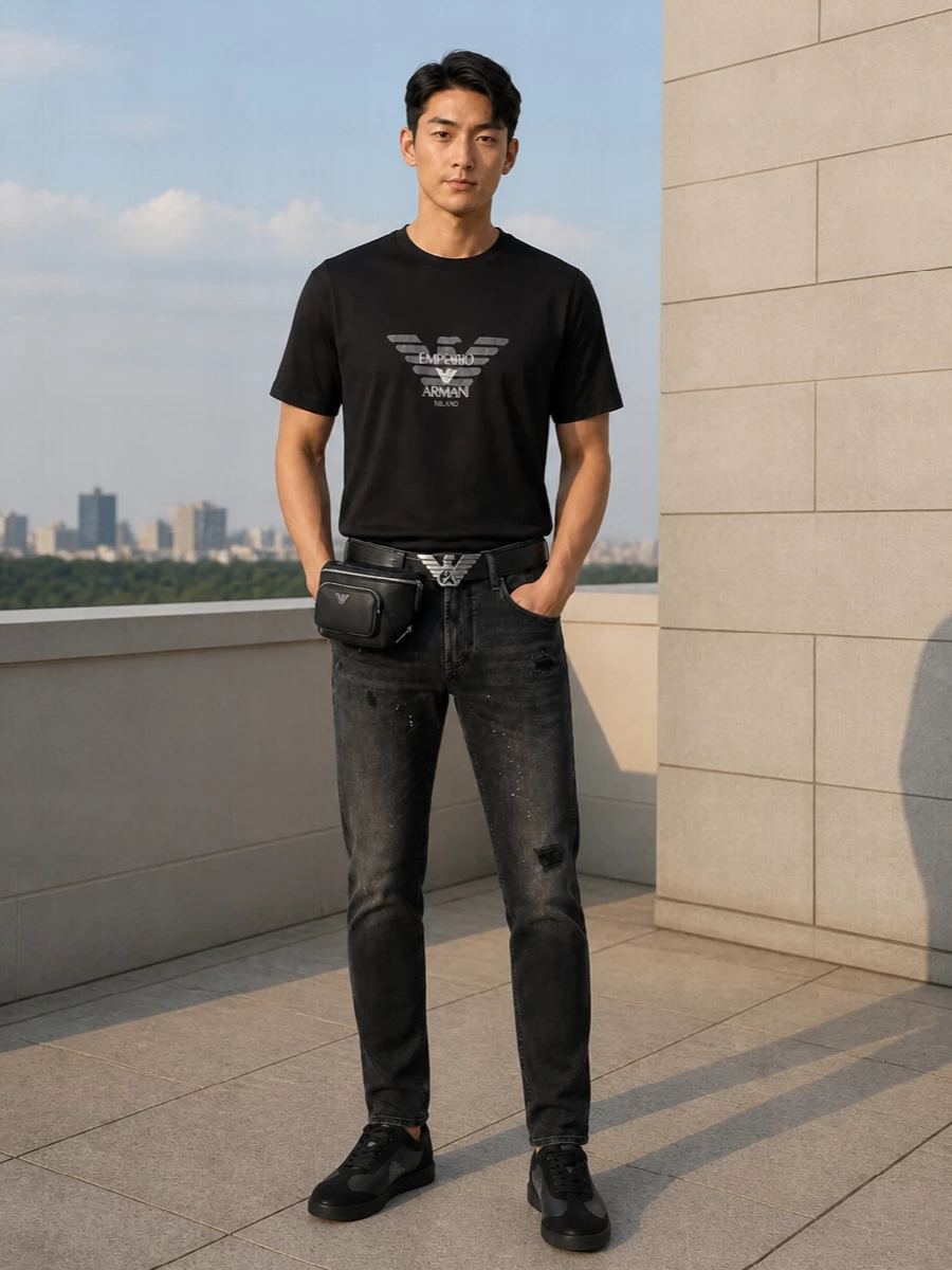Emporio armani black logo tshirt jeans outfit