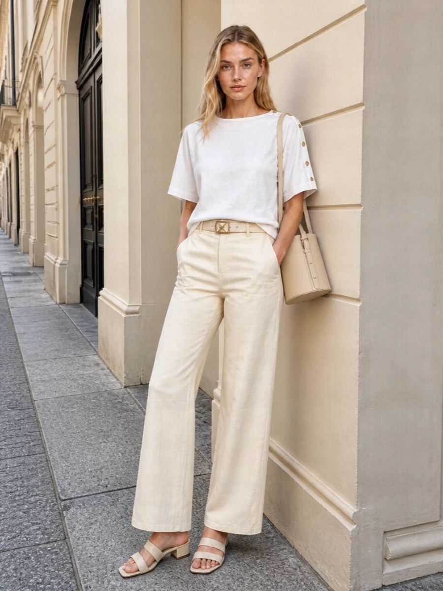 A soft play on light neutrals, this pairing keeps Soeur’s buttercream wide-leg trouser clean with a crisp boxy white top. Cream mules, a sculptural butter-toned bucket bag and a pale waist belt sharpen the silhouette while staying firmly in the quiet-luxury lane. The result is relaxed yet intentional, ideal for warm city days that might end at a neighborhood wine bar.