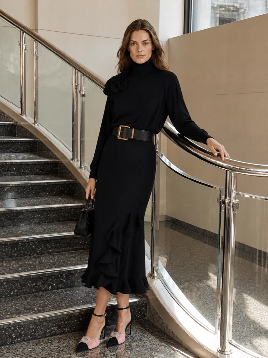 Moschino black ruffle skirt outfit turtleneck
