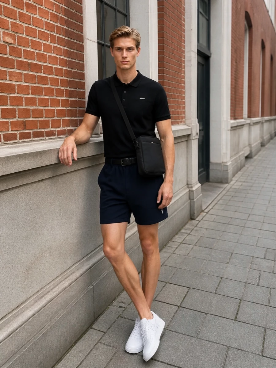 Hugo polo navy shorts white sneakers outfit