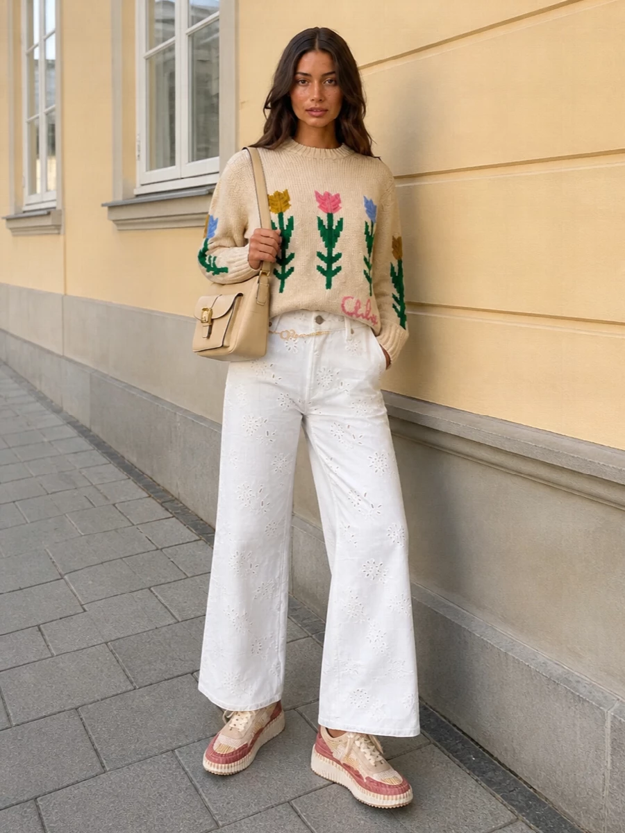 A cocooning floral knit pairs with airy embroidered wide-leg trousers for a soft, romantic take on relaxed polish. Creamy tones and gentle pops of pink and terracotta keep the palette harmonious, while a structured buttercream bag and glint of gold at the waist bring quiet definition. Chunky woven sneakers finish it with crafted ease that still feels thoughtfully put together.