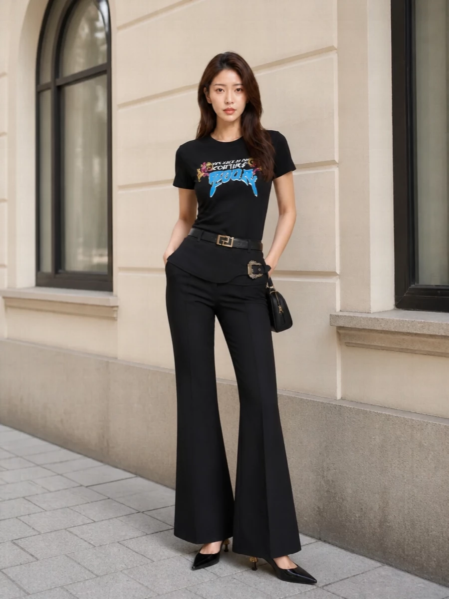 Versace tour tee black flared trousers outfit