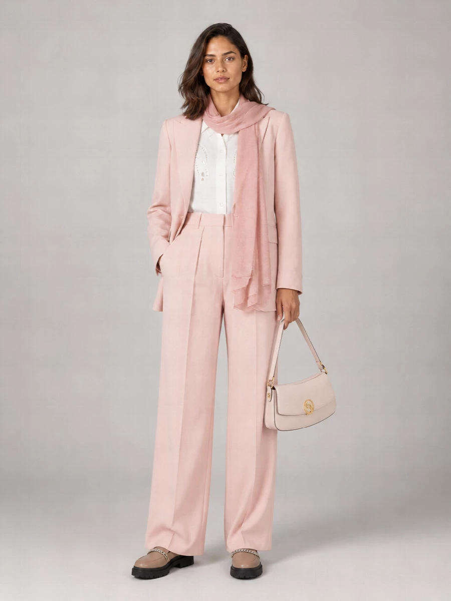 Dusty blush tailoring meets a precise ivory shirt for a softly structured take on modern power dressing. The high waist and fluid wide leg stay clean and leggy with a neat front tuck. Taupe loafers and a blush baguette bag keep the palette tonal and calm, with the scarf adding a whisper of extra softness if you want it.