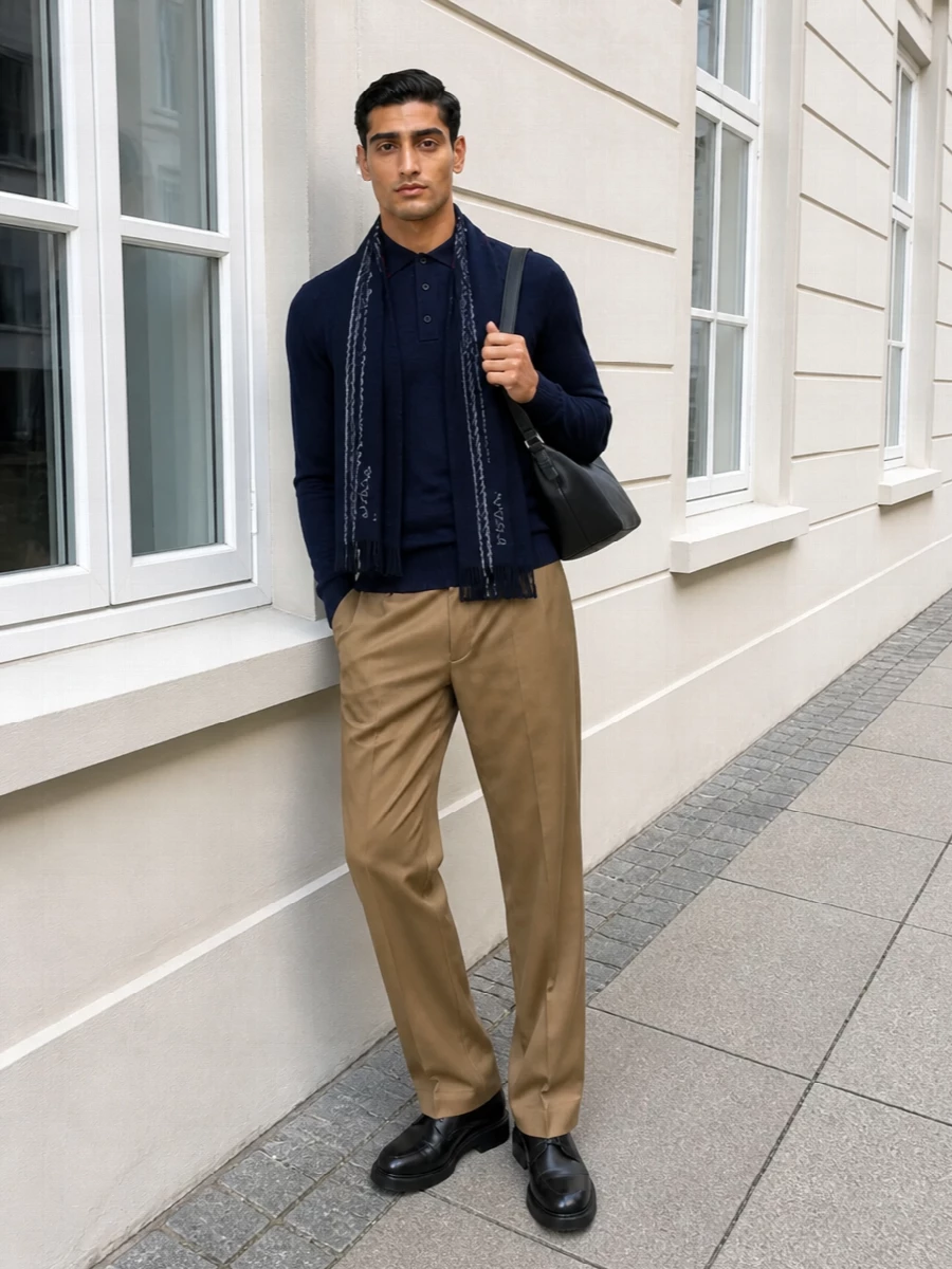 Balenciaga navy polo camel trousers black derby