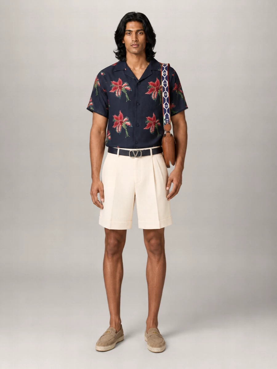 Valentino Linen Floral Print Short-Sleeve Bowling Shirt