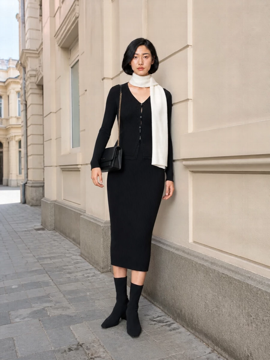 Calvin klein black ribbed cardigan knit midi outfit
