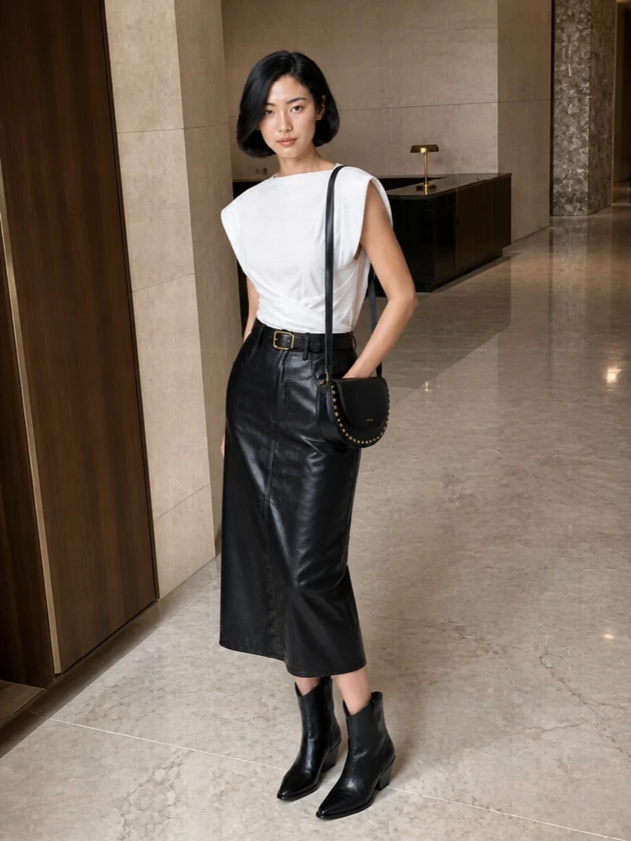 A sculpted white top and black faux leather midi skirt create a clean, elongated line that feels sharp yet relaxed. Western-leaning black ankle boots and a small studded saddle bag keep it distinctly Marant, with a slim gold-buckle belt subtly defining the high waist for a confident, city-ready finish.
