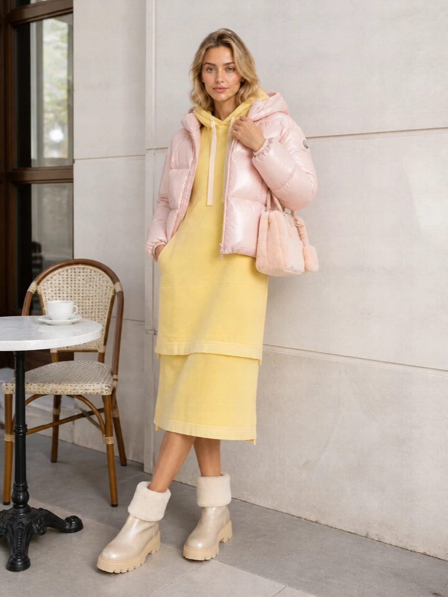 I’m anchoring this with the hoodie dress rather than a separate top and bottom, so the Moncler puffer sits over one long, clean column instead of breaking the line. Soft blush, pastel yellow and champagne neutrals stay quietly tonal while the shearling textures on bag and boots pick up the jacket’s cocooned, cloud-like feel. It reads like winter city aprés-ski, polished enough for lunch but relaxed enough for travel days.
