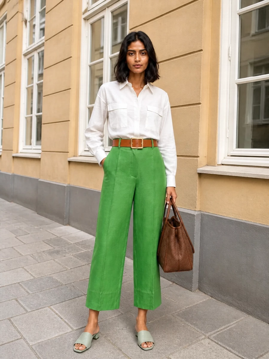 Fresh green tailoring meets clean ivory and warm mocha for a quietly confident day outfit. The fluid longline shirt softens the high-waisted cropped trouser, while the subtle belt and bucket bag ground the color with structured calm. Sage mules pick up the green story in a softer register, keeping the whole ensemble light and modern for warm days in the city or at the office.
