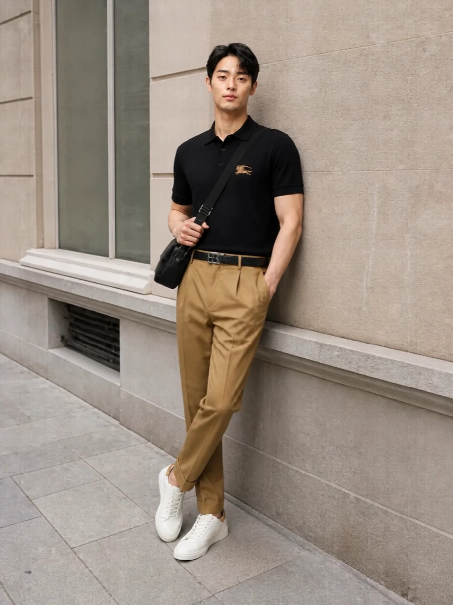 The look pairs the black Burberry polo with camel tailored trousers for a quietly luxurious, preppy balance of depth and warmth. Crisp white leather sneakers keep it modern and light, while a slim TB belt and minimal black crossbody add just enough structure and polish for city days or a relaxed office setting. The result is an SS-ready uniform that feels refined, versatile and unmistakably Burberry without ever shouting.