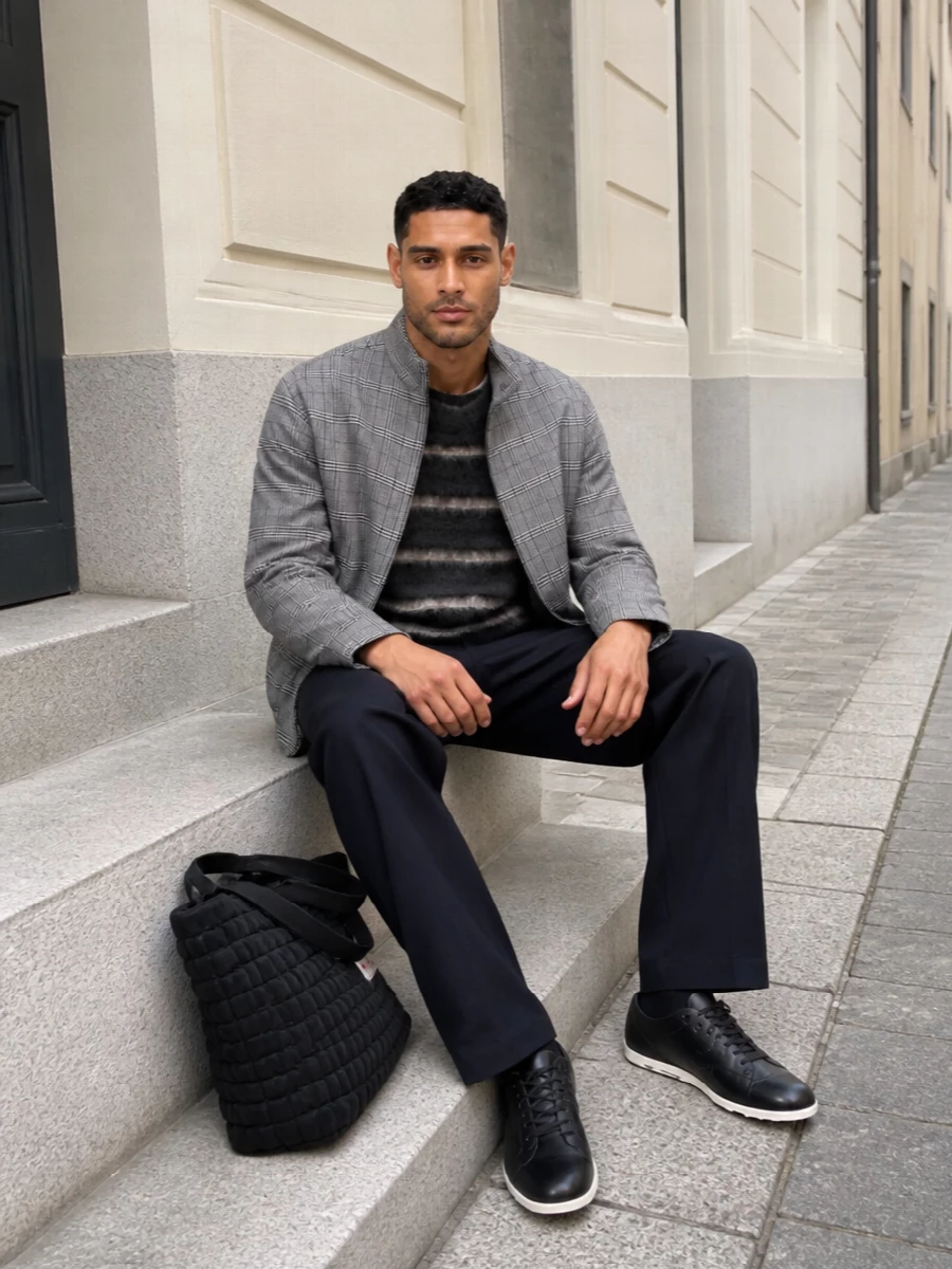 Marni check blouson navy trousers black sneakers