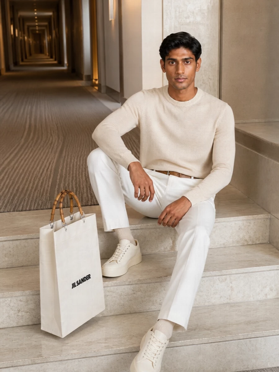 Jil sander beige knit off white trousers outfit
