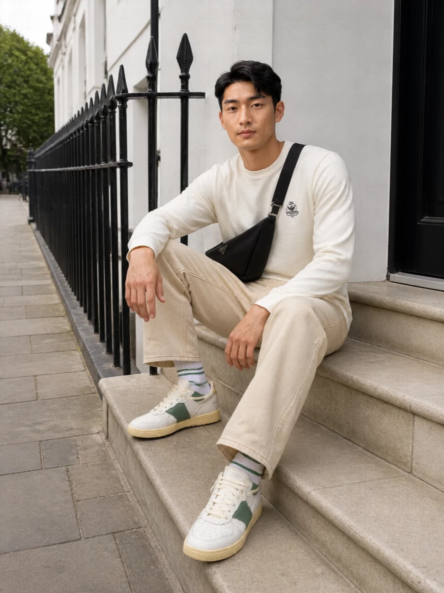 Rhude off white tee beige jeans outfit