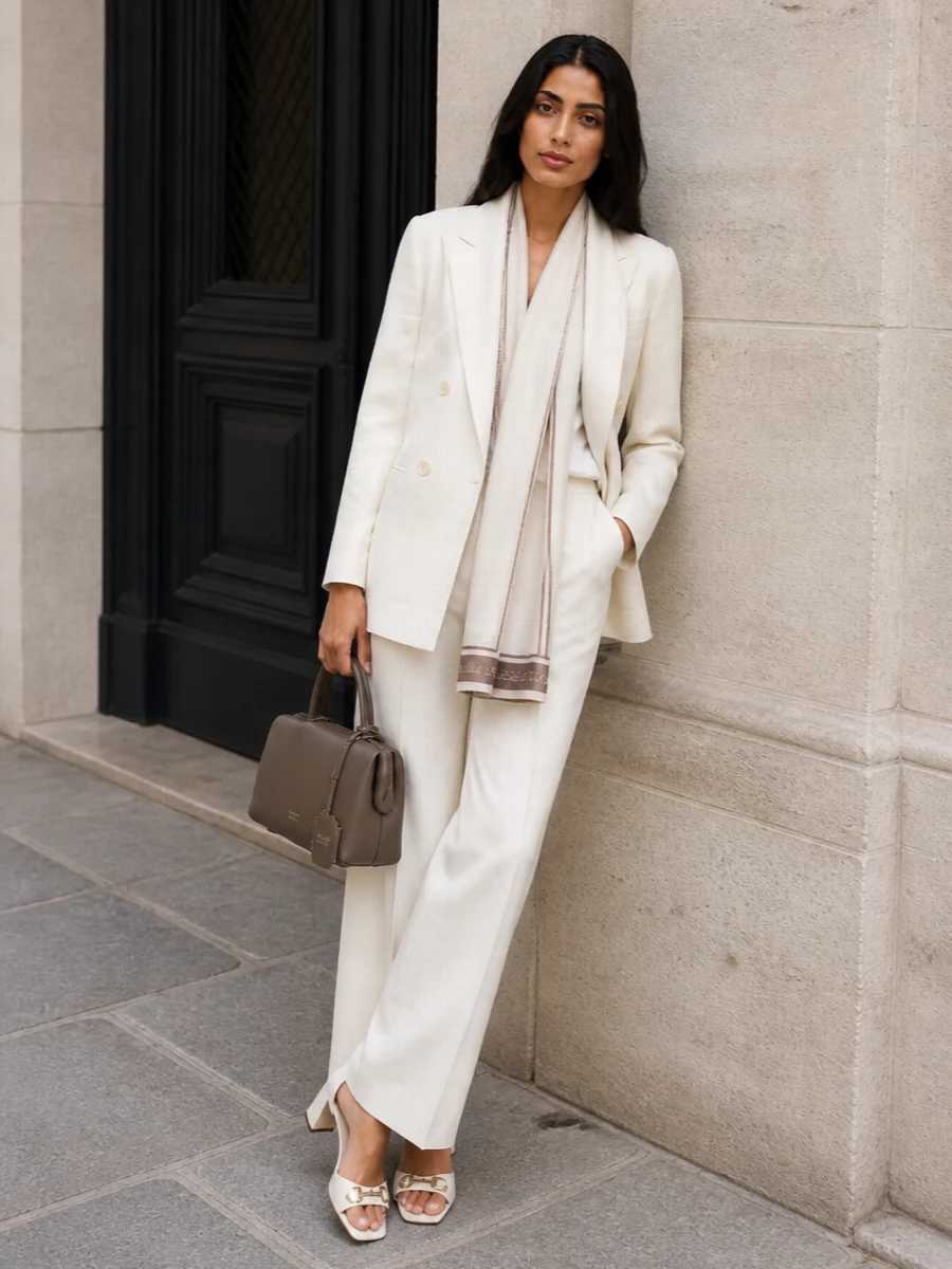Ivory wide leg suit outfit blazer heels