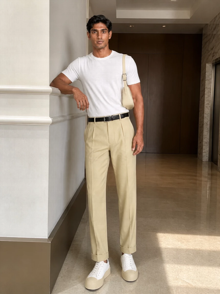 A white Marni tee and sunlit beige pleated trouser create a clean, tonal base that feels relaxed but still sharply put together. Soft white platform sneakers keep the line modern and easy, while a buttercream shoulder bag and slim black belt add just enough structure to make it city ready. The result is pared back, precise and quietly confident for warm days in town.