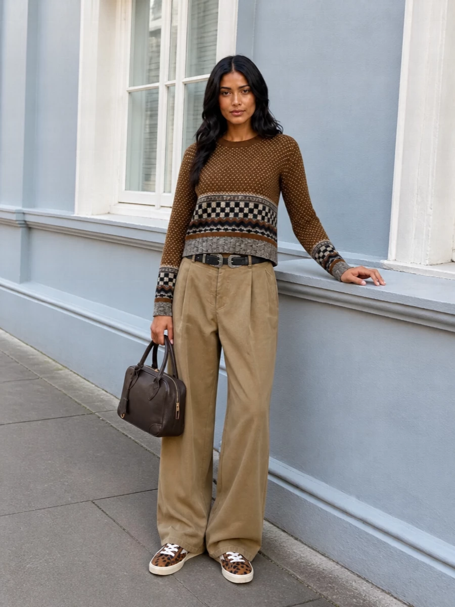 Golden goose cropped sweater camel wide leg trousers