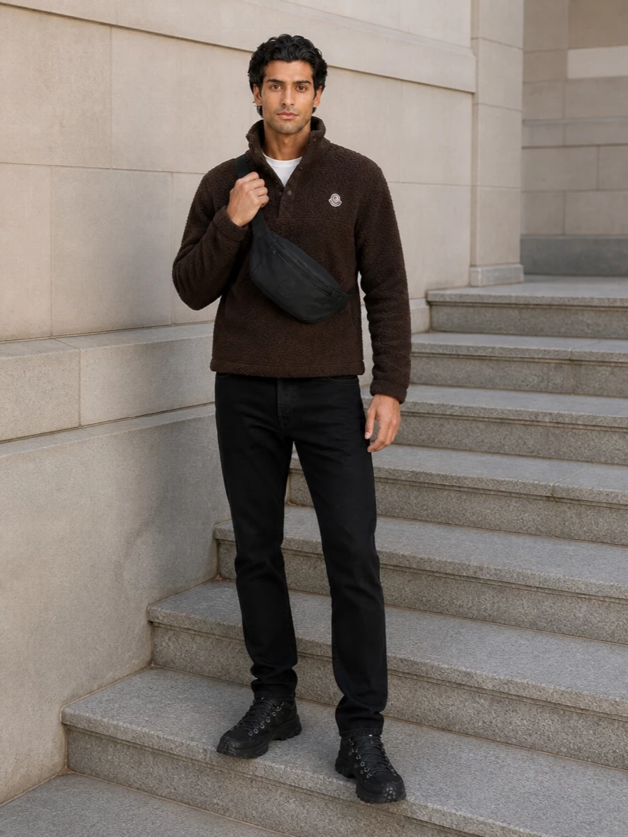 Moncler fleece black jeans trail sneakers outfit