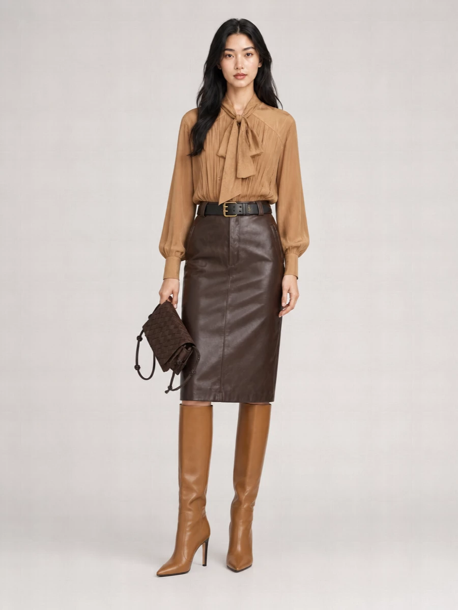 Saint Laurent Leather High-Rise Midi Pencil Skirt