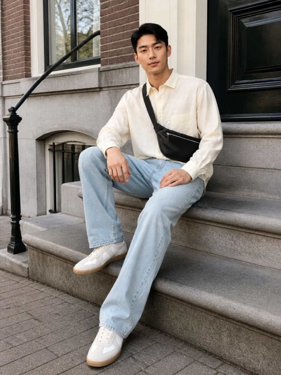 Maison margiela light wash jeans ivory shirt