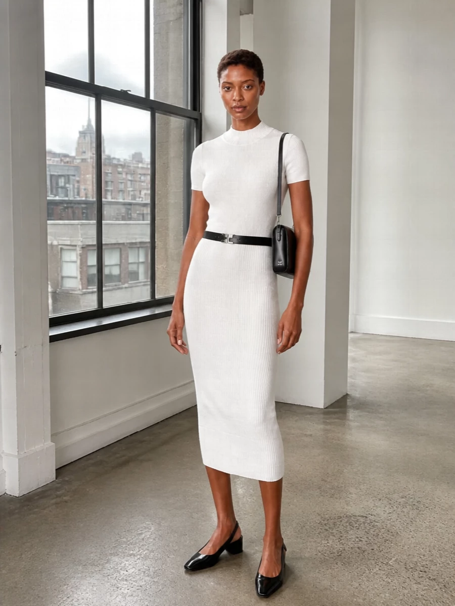 Soft white ribbing runs from mock-neck to midi hem, creating a long, clean column that feels calm and precise rather than fussy. Black slingbacks, baguette and a slim belt frame the knit pairing with graphic clarity, keeping the mood minimalist and quietly polished for city days that stretch into dinner. Subtle texture and restrained branding carry the Courrèges attitude without shouting.