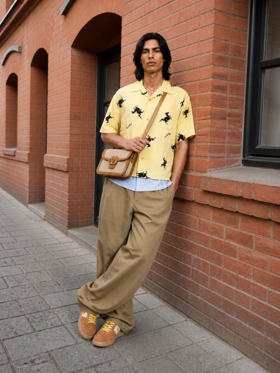 Visvim camp shirt wide leg chinos valentino bag