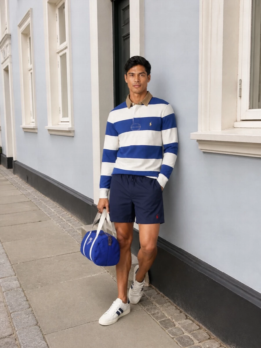 A varsity-stripe rugby anchors this outfit with clean navy shorts for a crisp, collegiate take on off duty. Off-white and navy court sneakers keep it polished but easy, while the royal-blue duffle leans into the campus sports mood for weekends or relaxed city days.
