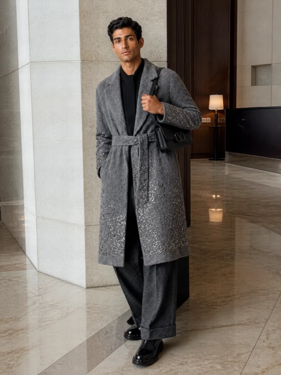 Valentino sequin coat charcoal trousers outfit