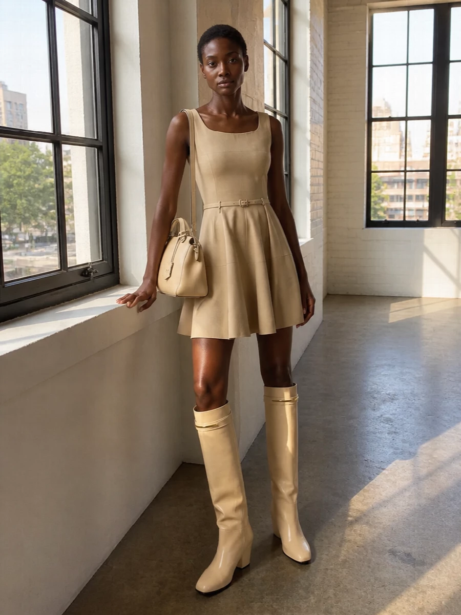 I chose the dress route to echo the boots’ clean, column shape with a single, sculpted statement rather than break the line with separates. The Fendi dress and buttercream Givenchy boots create a tonal, architectural silhouette, with the flared hem softening the strong shaft of the boot. A matching butter-beige Fendi bag keeps everything within a refined neutral spectrum, letting proportion and cut do the work rather than color contrast.